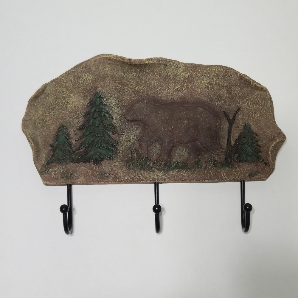 Bear Wall Key Holder Coat Rack Pine Tree Cabin Lodge Decor 3 Hooks Faux Stone